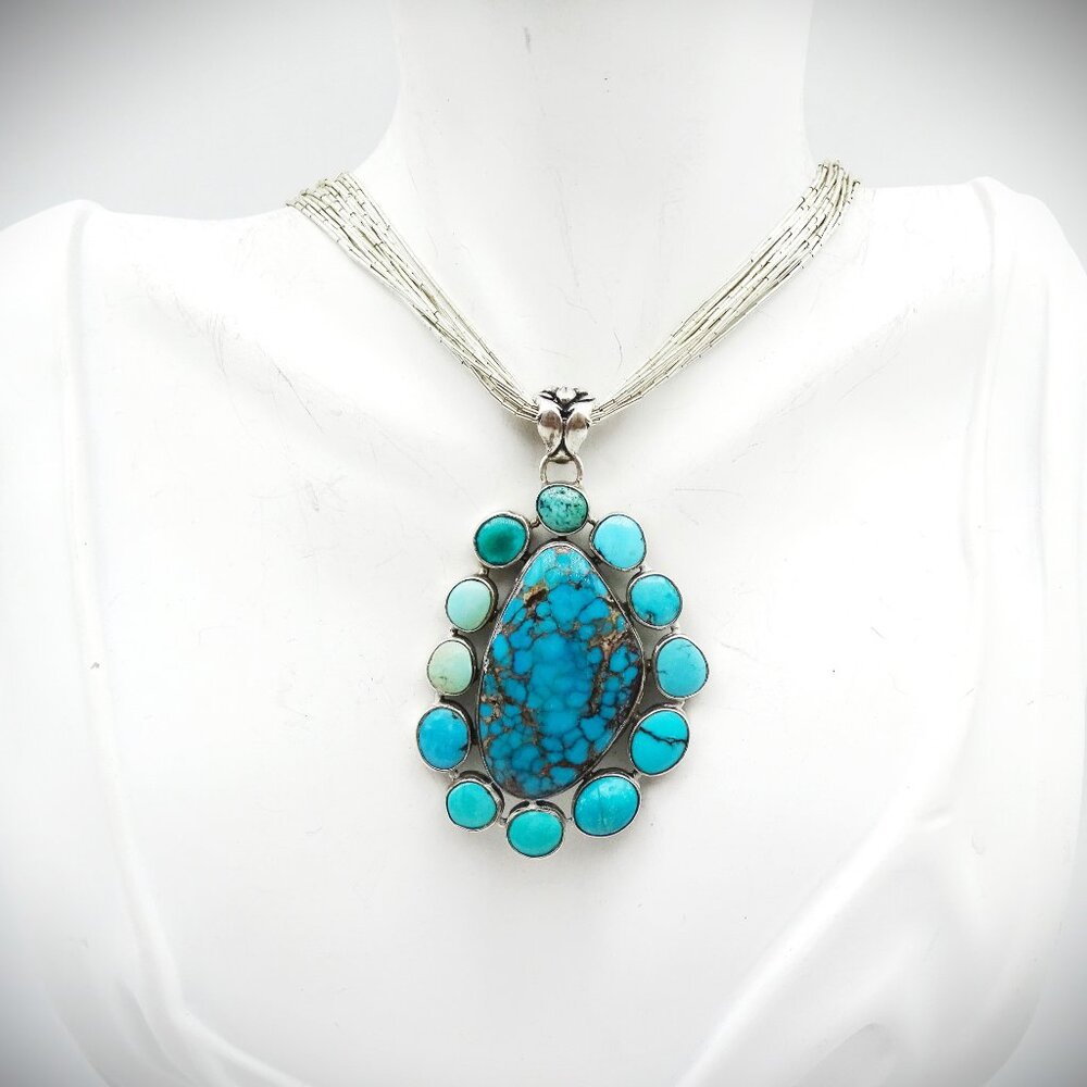 SOUTHWEST Sterling Silver Turquoise Pendant & Liquid Silver Chain Necklace - Picture 8 of 10